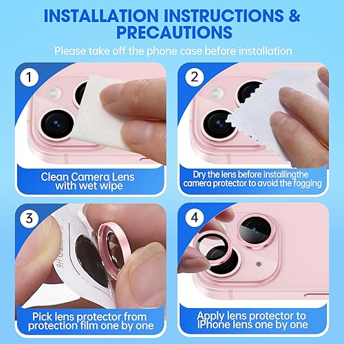 Image of Tempered Glass Camera Lens Protector Compatible For Iphone 15 /15 Plus,Individual Metal Ring 9H Hardness Scratchproof Protector,Stylish Accessories,Case Friendly(Pink)