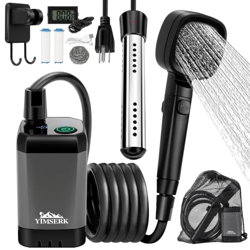 Ducha portátil de camping con batería 6000mAh y calentador de inmersión de agua de 2000W, bomba recargable, cabezal filtrado de 4 modos con pantalla LED, kit de ducha para viajes, mascotas y lavado de autos miniatura 1