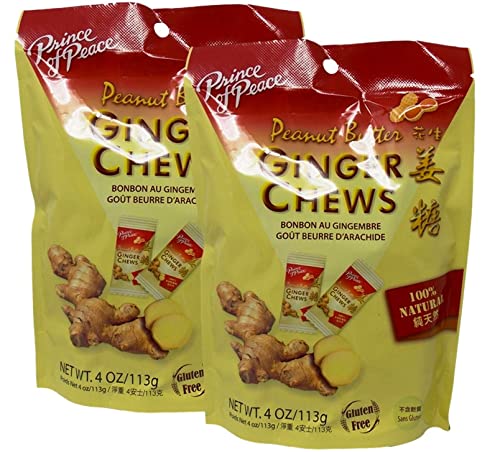 Prince of Peace Ginger Chews with Peanut Butter, 4 oz. – Candied Ginger – Peanut Chews – Peanut Butter Ginger Chews – Peanut Butter Candy – 2 Pack