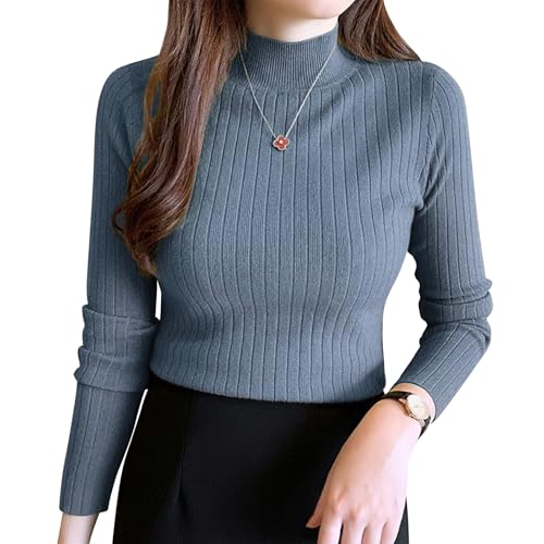 [PALAME] リブニット セーター レディース 秋冬 【3サイズ展開・大人め高級魅力・贅沢な質感・細見えるシルエット】 ハイネック 重ね着 ニット トップス ニットソー カットソー 縦リブ 着痩せ 小顔 薄手 柔らかい 高伸縮 シンプル 長袖 春 秋 冬 (JP, アルファベット, M, ブルー)のサムネイル