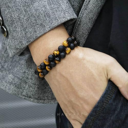 Premium Tiger Eye Bracelet Gift for Men, HASKARE Energy Protection Crystal Real Tigers Eye Black Onyx Beads Bracelets, Handmade Crystal Bracelet Men Bracelets Father Christmas Gift for Him Stress Relief2
