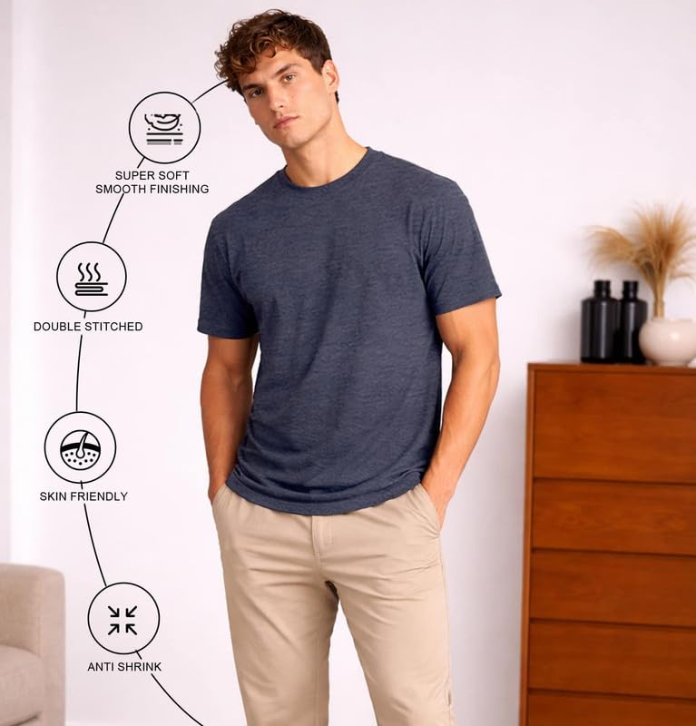 Image of Sleepynuts Men's Regular Fit Round-Neck Half Sleeves Solid Casual Wear T-Shirt (Navy Milange -4XL)