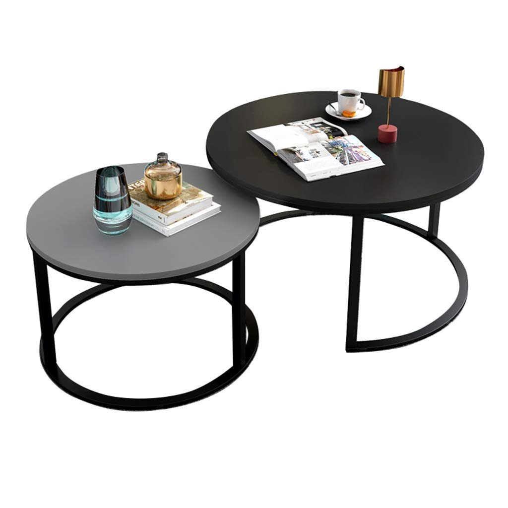Table basse gigogne ronde 80+60cm bois et métal noir gris