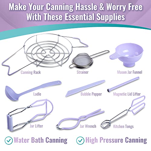 Canning Supplies Starter Kit In Lavender - 9-Piece Canning Tools Set With Stainless-Steel Rack, Ladle, Jar Funnel, Jar Lifter, Magnetic Lid Lifter, Jar Wrench, Strainer, Kitchen Tongs, Bubble Popper #TOP2