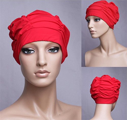 Bonnet de bain plissé cheveux longs haute protection et confort en rouge profond