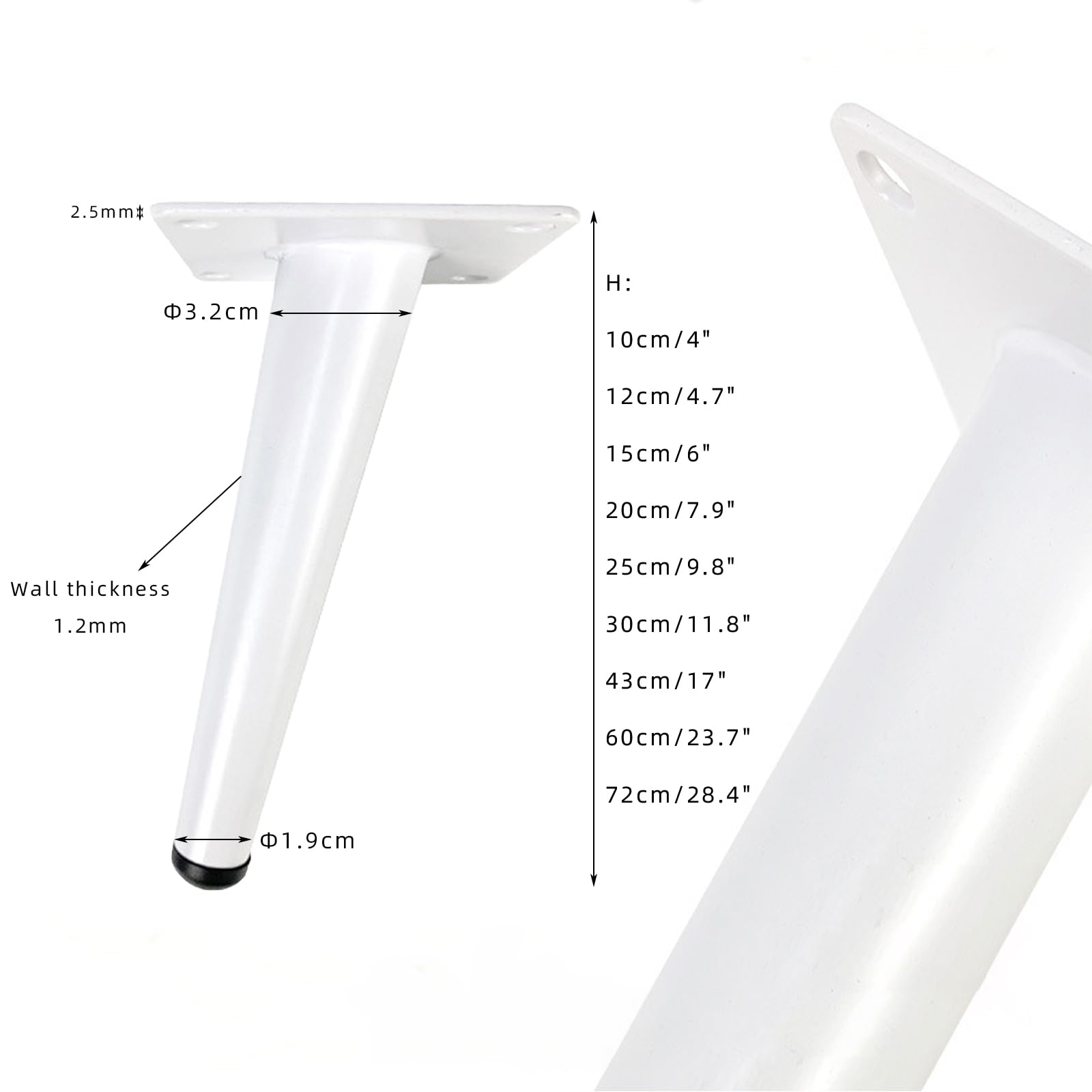 Generico Gambe per Mobili Piedini Conici Bianchi 4 Pezzi Piedini Bianchi per Tavolo Piedini per Divano in Ferro Verniciato A Spruzzo Altezza: 10-72 cm Piedini per Mobile 43 cm/17