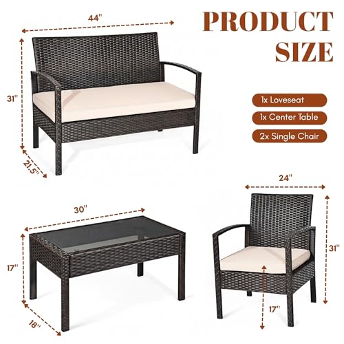 Image of DEVOKO Marbella 4 Pieces Patio Set, Outdoor Sectional Sofa Rattan Wicker Conversation Set with Soft Cushion and Glass Center Table for Outside Porch, Lawn, Garden, Backyard (Dark Brown and Cream)
