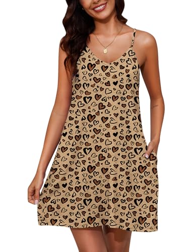 Marvmys Womens Spaghetti Strap Short Nightgown Cotton Slip Dress Loose Heart Print Pajama Dress with Pockets