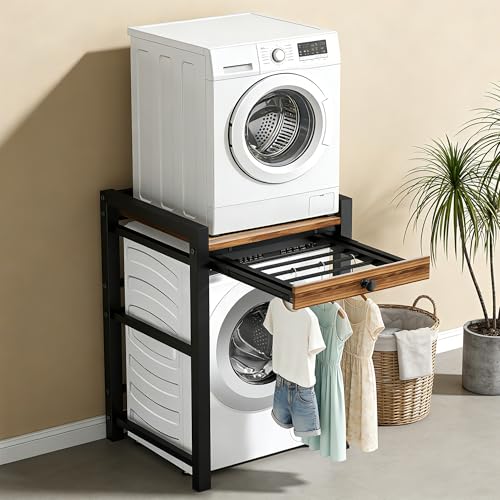 Waschmaschine regal mit Ausziehbarer Handtuchhalte Verbindungsrahmen Waschmaschine Trockner Universal Waschmaschinenschrank Tragfähigkeit 350kg Waschmaschinenregal für Waschmaschine und Trockner