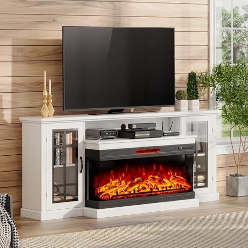 AMERLIFE 75in 3-Sided Glass Fireplace TV Stand for TVs up to 85', Rustic Fireplace Media Entertainment Center Console Table Cabniet with Glass Door Closed Storage, Distressed White