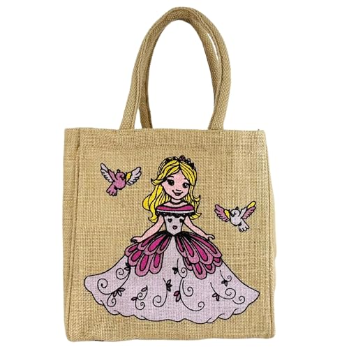 Produktbild Domelo Kinder Handtasche Mädchen Jute Tasche klein Schultertasche mit Prinzessin - Beige/Bunt