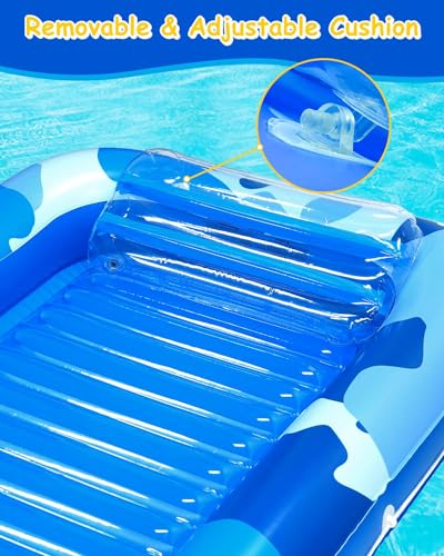Sebor Larger Inflatable Tanning Pool Lounger Float, 76\" x 47\" Thicken Suntan Tub Pool Floats with Removable Backrest & Cupholder, Navy Blue (Blue, Large)