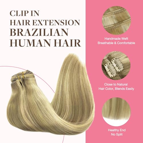 Image of GOO GOO Clip in Hair Extensions Real Human Hair, Remy Human Hair Extensions Clip ins for Women, Natural Human Hair, 18inch 150g 9Pcs, 16 /22 Light Blonde Highlighted Golden Blonde