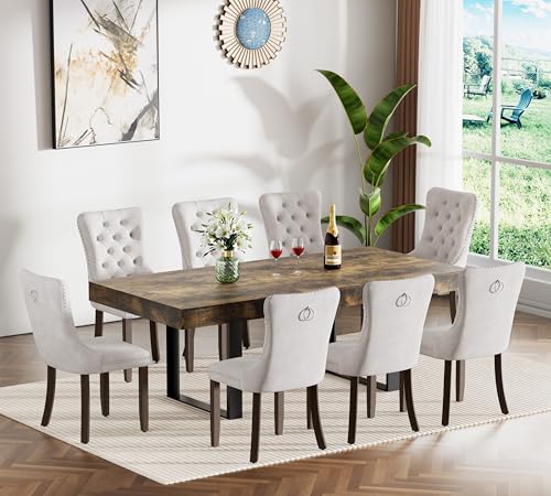 Image of Rustic Brown Dining Room Table Set for 8, 9-Piece 63 inch-78.74 inch Extendable Dining Table Set with 8 Upholstered Chairs, Rectangle Wooden Expanding Kitchen Table and Beige Chairs Set