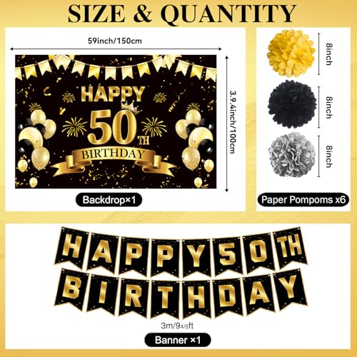 Image of Pre-Strung 50th Birthday Decorations for Men Women | Pre-Strung Black Gold Happy Birthday Banner with Balloons, Backdrop, Honeycomb Centerpieces, Hanging Swirl Streamers