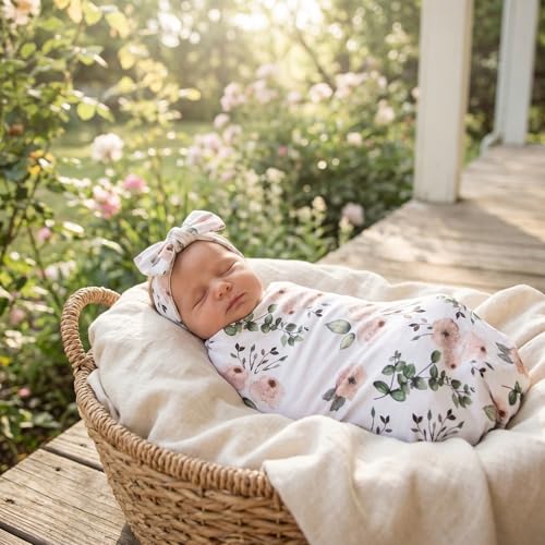 Image of Floral Receiving Blankets for Baby Girls Swaddle Blanket with Headband Set