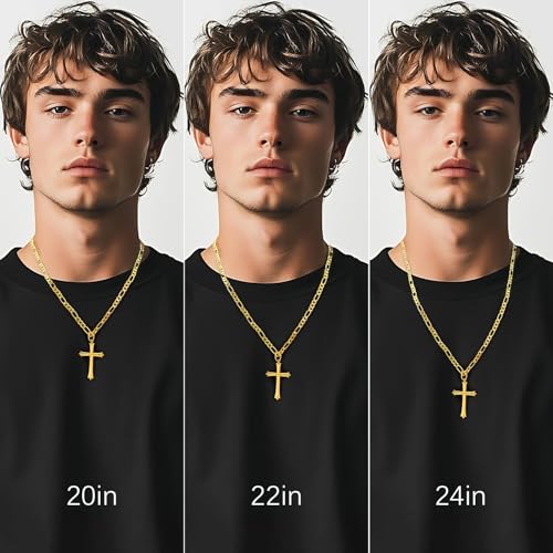 SPOINT Mens Cross Necklaces 14K Gold Cross Necklace for Men Paired with 4.3MM Figaro Chain Engineered for Comfort Gold Crosses Pendant Necklace 20/22/24in3