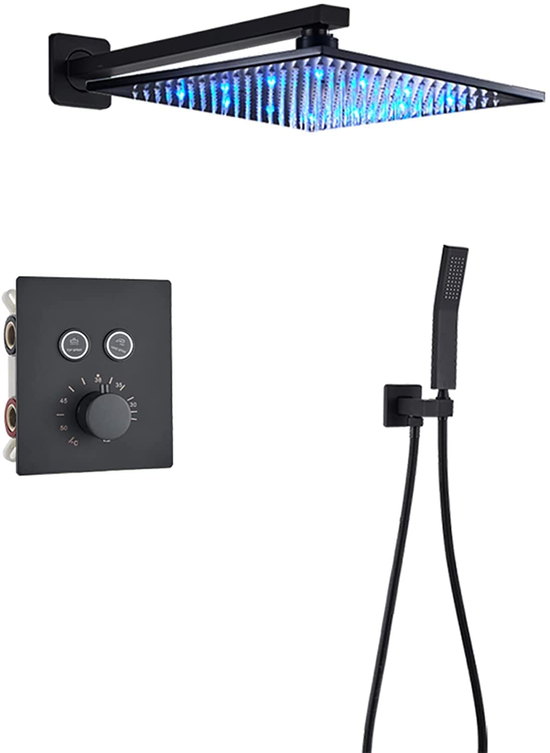 QUSYZD Shower System Concealed Thermostatic Shower Mixer Set Wall Mounted Matte Black Anti Scald Shower Set with Hand Shower and LED Rainfall Shower Head Advanced Air Injec,