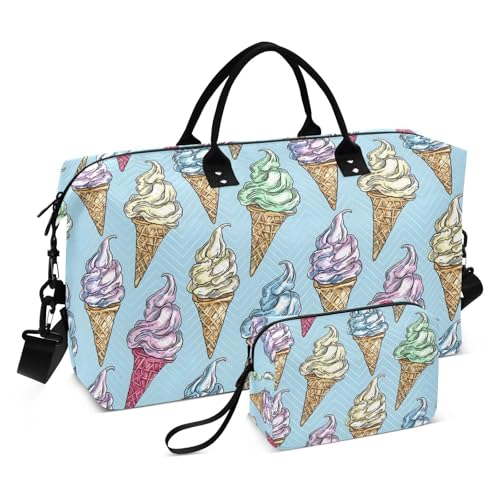 Watercolor Ice Cream Blue Large Travel Duffle Bag Weekender Overnight Bags Gym Yoga Bag for Women Men with Toiletry Bag