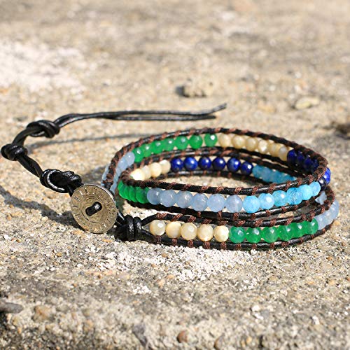 Image of KELITCH Natural Agate Onyx 2 Wrap Bracelets Handmade Leather Strand Bracelets Fashion Jewelry