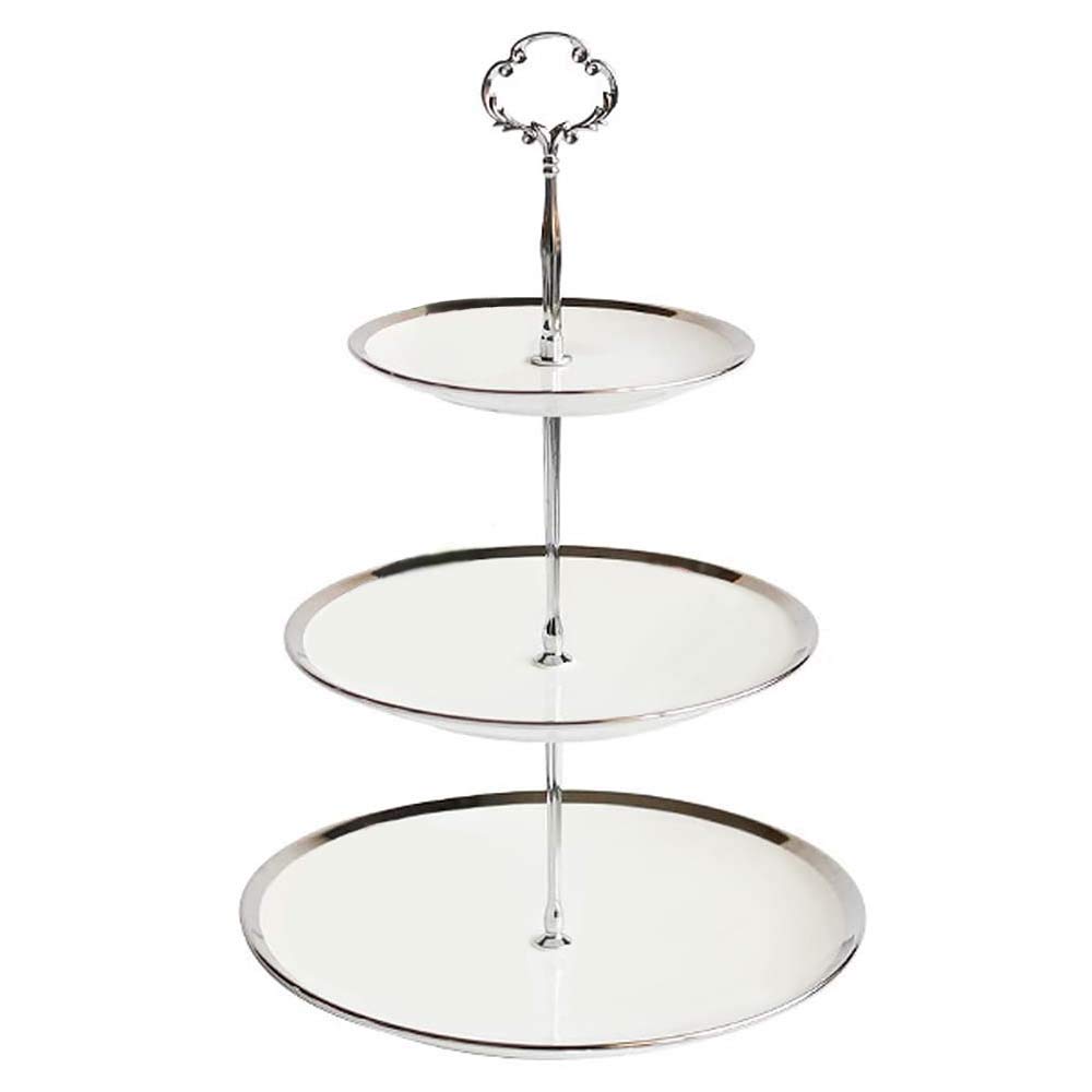 Affogato Cupcake Stand Tower Dessert Display Plate 3-Tier Round White Ceramic Serving Tray Dish Treat Stacked Pastry Fruit Serving Platter Tree Stand for Gift Tea Party Restaurant, Silver Edge