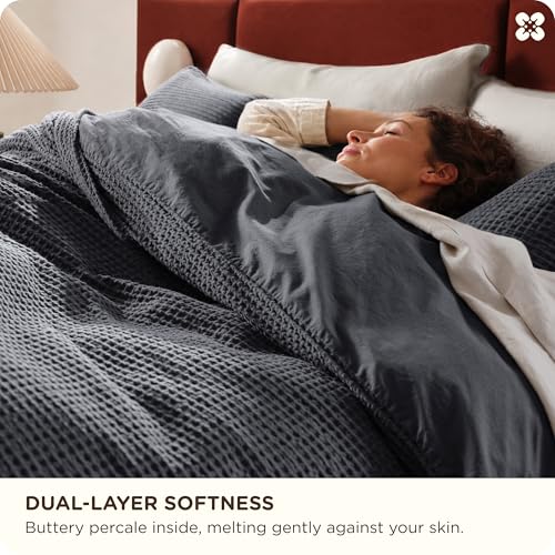 Image of Bedsure Cotton Duvet Cover Set - 100% Cotton Waffle Weave Charcoal Duvet Cover California King Size, PureWoven Breathable Cal King Bedding Set for All Season, 3 Pieces, 104 inchx98 inch