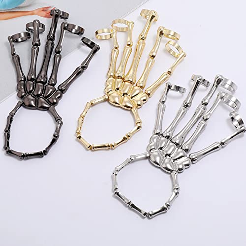 Caiyao Gothic Halloween Skull Skeleton Metal Fingers Hand Bone Bracelet with Adjustable Ring Wristband Handmade Punk Jewelry for Women4