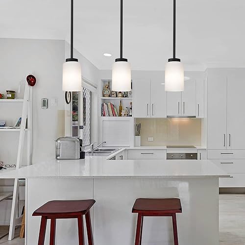 Miniatura 3 de TODOLUZ Lámpara colgante negra con cristal blanco ópalo, mini candelabro de granja para cocina, isla de pasillo