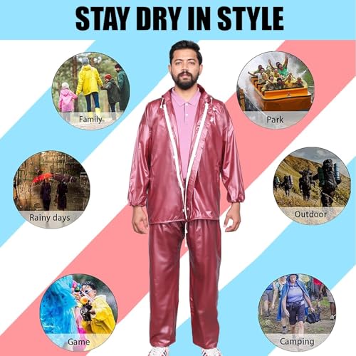 Image of HACER Wood Raincoat Set with Drawstring Hem Adjustable Hood & Pants Rain Gear Wet Weather Protection Rainsuit with Carrying Pouch