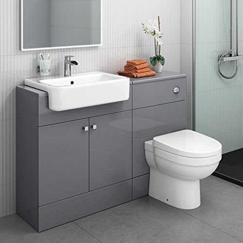iBathUK Harper 1160 Combination Vanity Unit Furniture Set Wash Basin Bathroom Sink WC BTW Toilet Pan D Soft Close Seat with Concealed Cistern-Gloss Grey(Flat Pack)