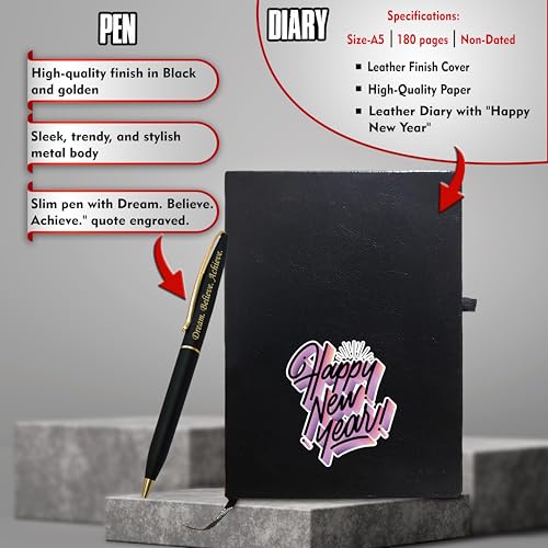 Image of Savri New Year Hamper - Pen with 'Dream. Believe. Achieve.' Quote Engraved, Diary & Infinity Calendar with 'Happy New Year' Engraved -Premium for Professionals, Employees, Corporate, Men & Women (Black)