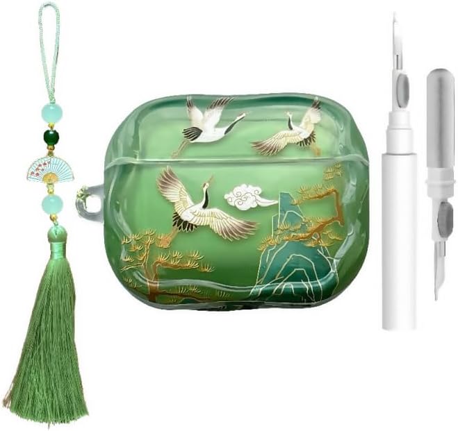Lucky Crane - Funda para AirPod Pro 2, funda verde de TPU suave protectora, a prueba de golpes, con llavero de borla de cuentas de abanico verde y