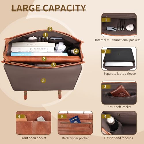 ESTARER Men's Messenger Bag for 15.6 Inch Laptop, Water-resistant Vintage Pu Leather Briefcase with Laptop Sleeve, Large Satchel Bag Computer Shoulder Bag for Work/Travel/College (2Pcs, Brown)4