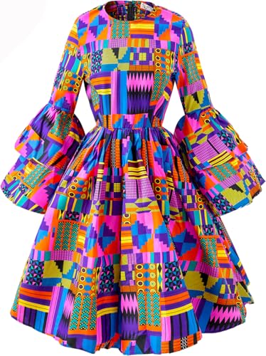 HongyuAmy Womens African Ruffle Long Sleeve Dress Ankara Print Maxi Dresses(Small Color A)