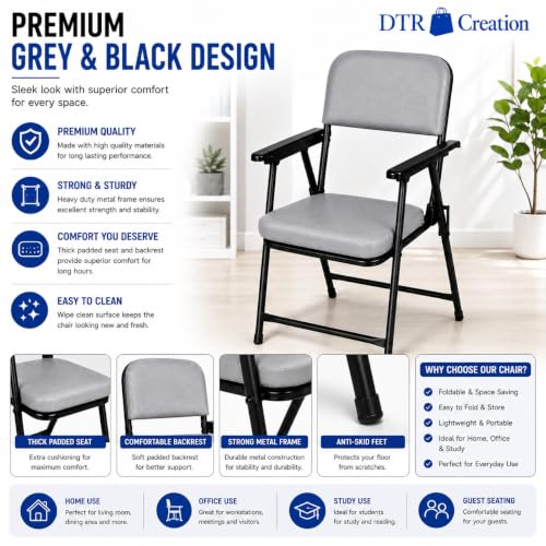 Image of Foldable Cushioned Chair with Armrests | Heavy Duty Metal Frame | Soft Padded Seat & Backrest | Space Saving Folding Chair for Home, Office, Study & Guest Seating | Grey