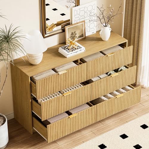 Image of Furniway Mid Century Modern Dresser for Bedroom, 6 Drawer Wood Dresser with Fluted Front, 55.1 inch Wide Chest of Drawers for Living Room, Hallway, Natural Oak