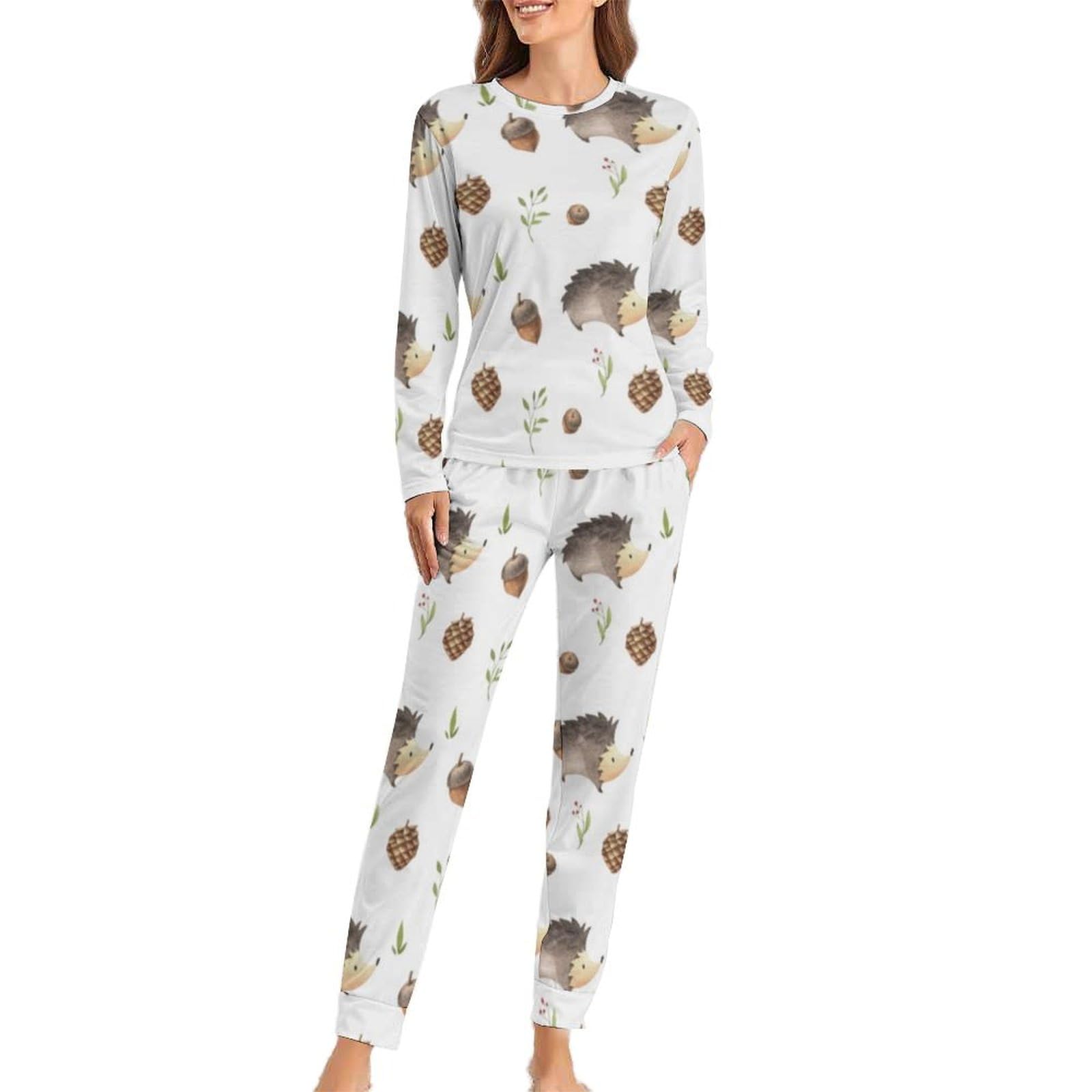 Jzemdybill Women's Hedgehog Woman's Crew Neck Pyjamas Set, Pyjamas For Pajamas With Pockets