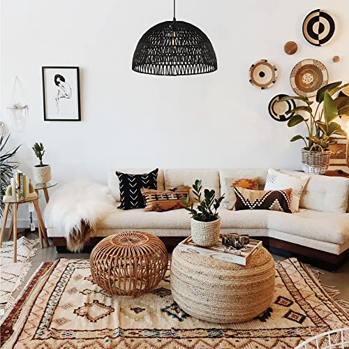 Image of JONATHAN Y 20 inch Black Modern Bohemian Woven Rope LED Pendant Light Fixture, Adjustable Dome Ceiling Lamp for Kitchen Island, Rope Shade, Coastal Farmhouse Decor (JYL6504C)