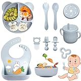 Bizcasa Vajilla Bebe Silicona, 9 Piezas Vajilla de Silicona para Bebés Antideslizante, Con Plato Cuenco Babero Taza, Cubiertos Bebe para comer destete, Sin BPA (Gris)