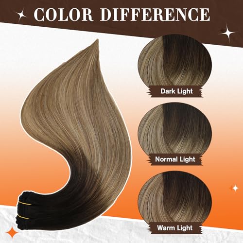 Image of Full Shine Real Hair Clip in Extensions 20 Inch Clip in Hair Extensions Balayage Black Ombre to Blonde Mix Brown Remy Soft Hair Lace Weft Long Straight Hair 3 PCS 60 Grams