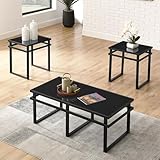Modern 3-Piece Table Set with All-Black Metal Tube and Black Glass Top - Perfect for Your Living Room