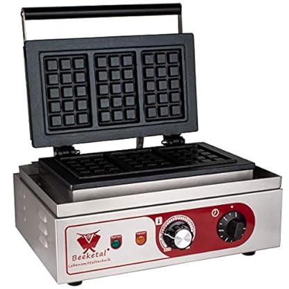 Beeketal 'BBW-3' Gastro Profi Waffeleisen mit antihaftbeschichteten Backplatten (3 geteilt), Waffelautomat für belgische Waffeln mit Edelstahl Gehäuse, 50-300 °C stufenlos