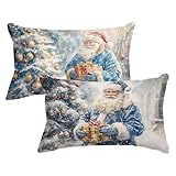 Kissenbezug 40x60 Blau Sofakissen Weihnachtsmann Kopfkissenbezug Set 2er Leinen Kissenbezüge mit Verdecktem Reißverschluss Rechteck Kissenhüllen für Wohnzimmer Dekokissen, Geschenke für Frauen w0u-555