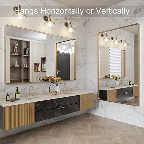 LOAAO 60”X36” Gold Bathroom Mirror, Rounded Rectangle Gold Frame Mirror, Brushed Gold Bathroom Vanity Mirror Wall-Mounted, Anti-Rust, Tempered Glass, Hangs Horizontally or Vertically