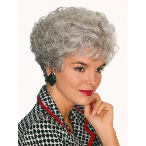 Royalfirst Women's Short Fluffy Wavy Silver White Synthetic Wigs for Mother Grandmother Grandma Queen with Comfort Breathable Cap Cover