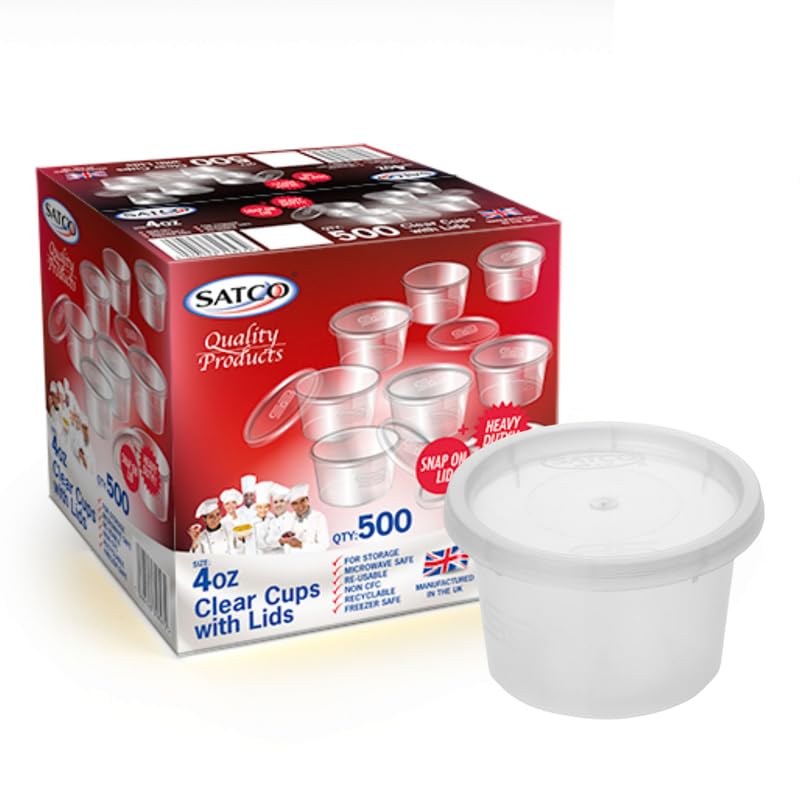FR Enterprises Satco 4oz Reusable Plastic Sauce Cups with Lids | Small Portion Pots for Dips, Sauces & Dressings | Leakproof Clear Food Containers for Takeaway, Meal Prep & Catering (Pack of 50)