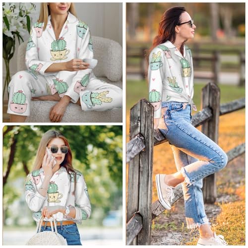 Image of Women'S Long Sleeve Pajama Set Soft Loungewear Button-Down Top & Elastic Waist Pants S- 2XL