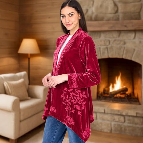 Image of Women's Embroidered Velvet Open Front Cardigan Jacket - Raspberry 3X