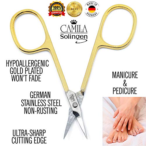 Camila Solingen CS04 Professional Nail Cuticle Scissors, Hypoallergenic Gold Plated Sharp Curved Manicure Pedicure Grooming for Finger and Toe Nail Care. Made of Stainless Steel in Solingen, Germany