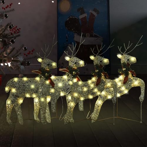 Decoraciones de temporada y festividades, renos de Navidad, 4 piezas doradas, 80 luces LED para el hogar y el jardín